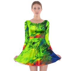 Neon Rainbow Green Pink Blue Red Painting Long Sleeve Skater Dress by Mariart