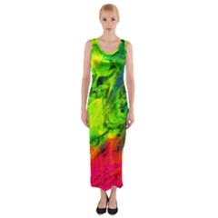 Neon Rainbow Green Pink Blue Red Painting Fitted Maxi Dress by Mariart