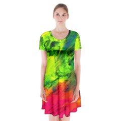 Neon Rainbow Green Pink Blue Red Painting Short Sleeve V-neck Flare Dress