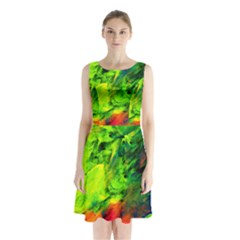 Neon Rainbow Green Pink Blue Red Painting Sleeveless Waist Tie Chiffon Dress