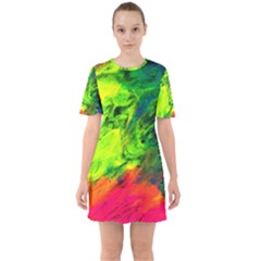 Neon Rainbow Green Pink Blue Red Painting Sixties Short Sleeve Mini Dress by Mariart