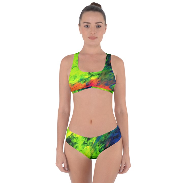 Neon Rainbow Green Pink Blue Red Painting Criss Cross Bikini Set