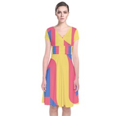 Rainbow Sign Yellow Red Blue Retro Short Sleeve Front Wrap Dress by Mariart