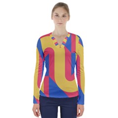 Rainbow Sign Yellow Red Blue Retro V-neck Long Sleeve Top by Mariart