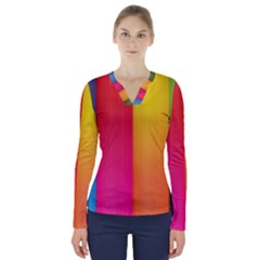 Rainbow Stripes Vertical Lines Colorful Blue Pink Orange Green V-neck Long Sleeve Top by Mariart