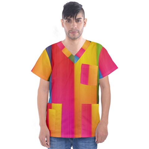 Rainbow Stripes Vertical Lines Colorful Blue Pink Orange Green Men s V-neck Scrub Top by Mariart