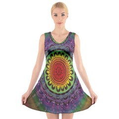 Rainbow Mandala Circle V-neck Sleeveless Skater Dress by Mariart