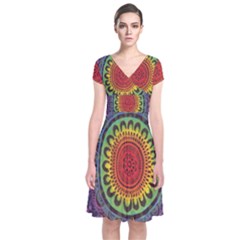 Rainbow Mandala Circle Short Sleeve Front Wrap Dress by Mariart