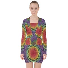 Rainbow Mandala Circle V-neck Bodycon Long Sleeve Dress by Mariart