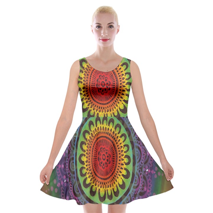 Rainbow Mandala Circle Velvet Skater Dress