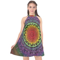 Rainbow Mandala Circle Halter Neckline Chiffon Dress  by Mariart