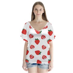 Red Fruit Strawberry Pattern V-neck Flutter Sleeve Top by Mariart