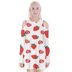 Red Fruit Strawberry Pattern Velvet Long Sleeve Shoulder Cutout Dress