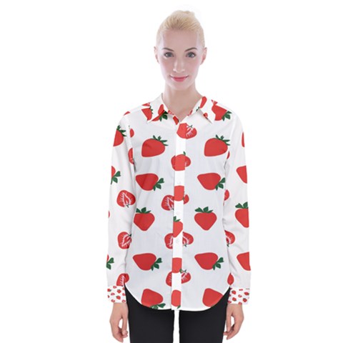 Red Fruit Strawberry Pattern Womens Long Sleeve Shirt by Mariart