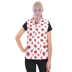 Red Fruit Strawberry Pattern Women s Button Up Puffer Vest by Mariart