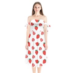 Red Fruit Strawberry Pattern Shoulder Tie Bardot Midi Dress