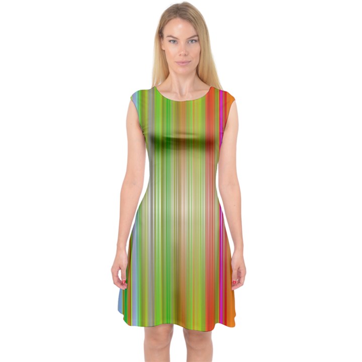 Rainbow Stripes Vertical Colorful Bright Capsleeve Midi Dress