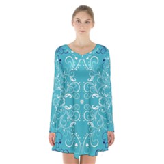 Repeatable Patterns Shutterstock Blue Leaf Heart Love Long Sleeve Velvet V-neck Dress by Mariart