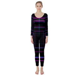 Retro Neon Grid Squares And Circle Pop Loop Motion Background Plaid Purple Long Sleeve Catsuit by Mariart