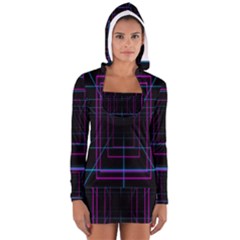 Retro Neon Grid Squares And Circle Pop Loop Motion Background Plaid Purple Long Sleeve Hooded T-shirt