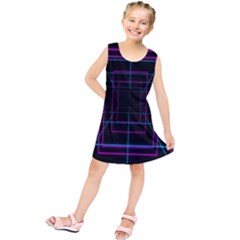 Retro Neon Grid Squares And Circle Pop Loop Motion Background Plaid Purple Kids  Tunic Dress by Mariart