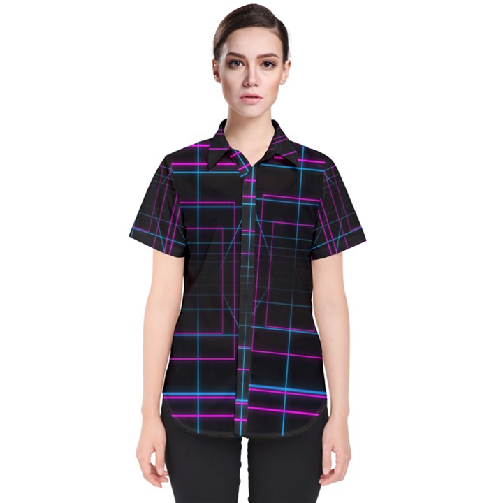 Retro Neon Grid Squares And Circle Pop Loop Motion Background Plaid Purple Women s Short Sleeve Shirt