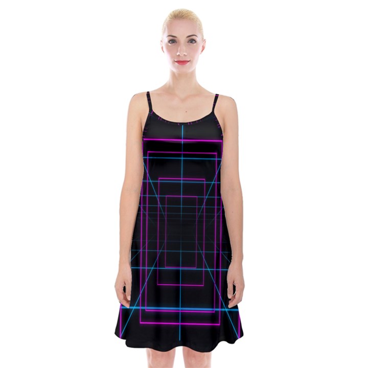 Retro Neon Grid Squares And Circle Pop Loop Motion Background Plaid Purple Spaghetti Strap Velvet Dress