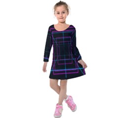 Retro Neon Grid Squares And Circle Pop Loop Motion Background Plaid Purple Kids  Long Sleeve Velvet Dress by Mariart