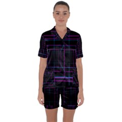 Retro Neon Grid Squares And Circle Pop Loop Motion Background Plaid Purple Satin Short Sleeve Pyjamas Set by Mariart