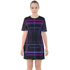 Retro Neon Grid Squares And Circle Pop Loop Motion Background Plaid Purple Sixties Short Sleeve Mini Dress by Mariart