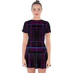 Retro Neon Grid Squares And Circle Pop Loop Motion Background Plaid Purple Drop Hem Mini Chiffon Dress