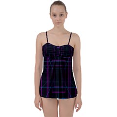 Retro Neon Grid Squares And Circle Pop Loop Motion Background Plaid Purple Babydoll Tankini Set by Mariart