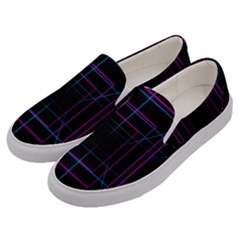 Retro Neon Grid Squares And Circle Pop Loop Motion Background Plaid Purple Men s Canvas Slip Ons by Mariart