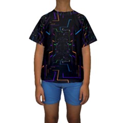 Seamless 3d Animation Digital Futuristic Tunnel Path Color Changing Geometric Electrical Line Zoomin Kids  Short Sleeve Swimwear by Mariart