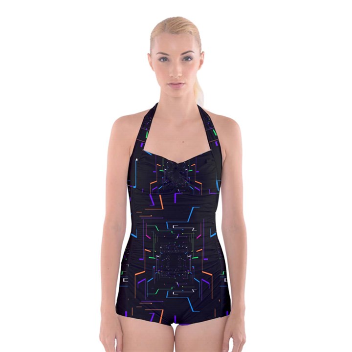 Seamless 3d Animation Digital Futuristic Tunnel Path Color Changing Geometric Electrical Line Zoomin Boyleg Halter Swimsuit 