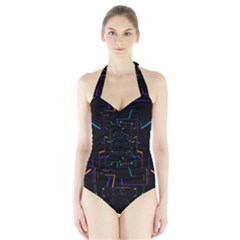 Seamless 3d Animation Digital Futuristic Tunnel Path Color Changing Geometric Electrical Line Zoomin Halter Swimsuit