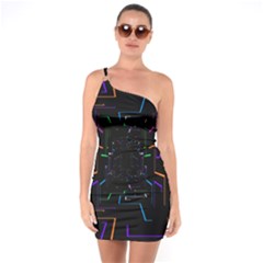 Seamless 3d Animation Digital Futuristic Tunnel Path Color Changing Geometric Electrical Line Zoomin One Soulder Bodycon Dress by Mariart