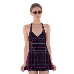 Retro Neon Grid Squares And Circle Pop Loop Motion Background Plaid Halter Swimsuit Dress by Mariart