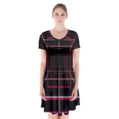 Retro Neon Grid Squares And Circle Pop Loop Motion Background Plaid Short Sleeve V-neck Flare Dress by Mariart