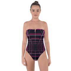 Retro Neon Grid Squares And Circle Pop Loop Motion Background Plaid Tie Back One Piece Swimsuit