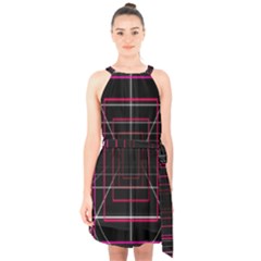 Retro Neon Grid Squares And Circle Pop Loop Motion Background Plaid Halter Collar Waist Tie Chiffon Dress by Mariart