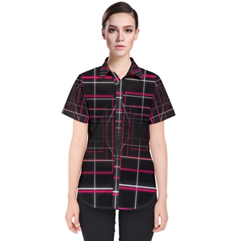 Retro Neon Grid Squares And Circle Pop Loop Motion Background Plaid Women s Short Sleeve Shirt by Mariart