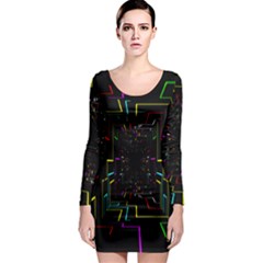 Seamless 3d Animation Digital Futuristic Tunnel Path Color Changing Geometric Electrical Line Zoomin Long Sleeve Bodycon Dress by Mariart