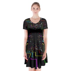 Seamless 3d Animation Digital Futuristic Tunnel Path Color Changing Geometric Electrical Line Zoomin Short Sleeve V-neck Flare Dress by Mariart