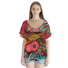 Seamless Texture Abstract Flowers Endless Background Ethnic Sea Art V-neck Flutter Sleeve Top