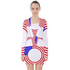 Stars Stripes Circle Red Blue V-neck Bodycon Long Sleeve Dress