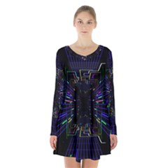 Seamless 3d Animation Digital Futuristic Tunnel Path Color Changing Geometric Electrical Line Zoomin Long Sleeve Velvet V-neck Dress by Mariart