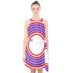 Stars Stripes Circle Red Blue Space Round Halter Collar Waist Tie Chiffon Dress