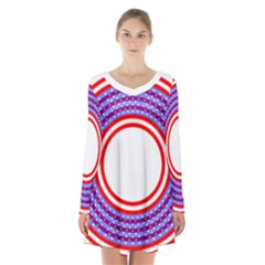 Stars Stripes Circle Red Blue Space Round Long Sleeve Velvet V-neck Dress