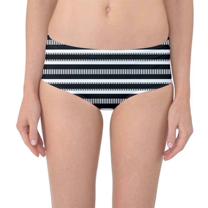 Tribal Stripes Black White Mid-Waist Bikini Bottoms